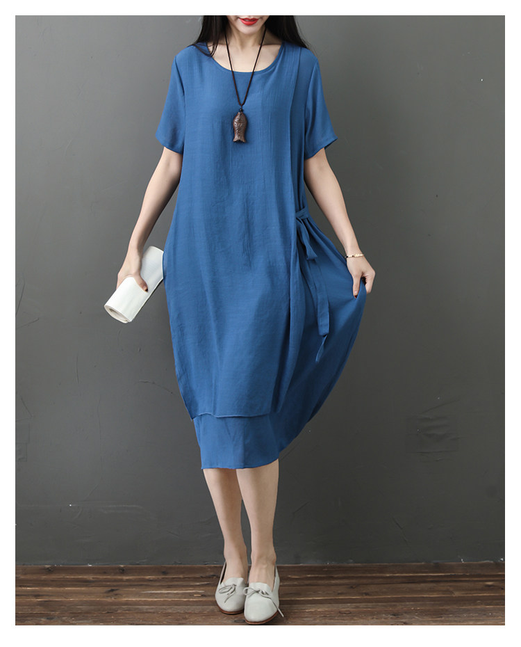 パーティードレス 二重仕立てアシンメトリー裾麻混ゆったりワンピース