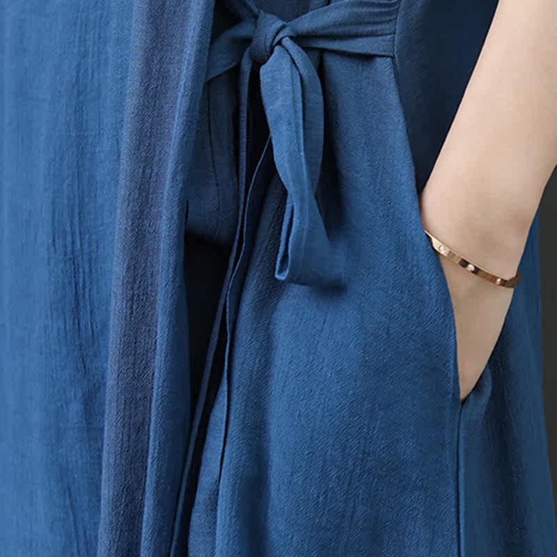 パーティードレス 二重仕立てアシンメトリー裾麻混ゆったりワンピース