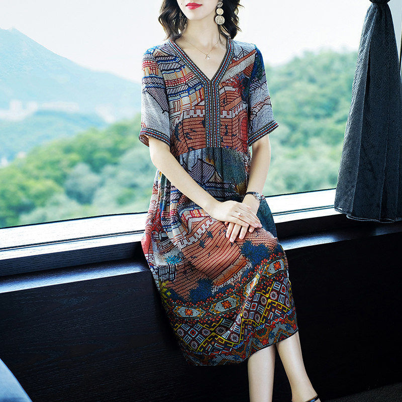 パーティードレス 民族調幾何学模様ブイネックゆったりワンピース