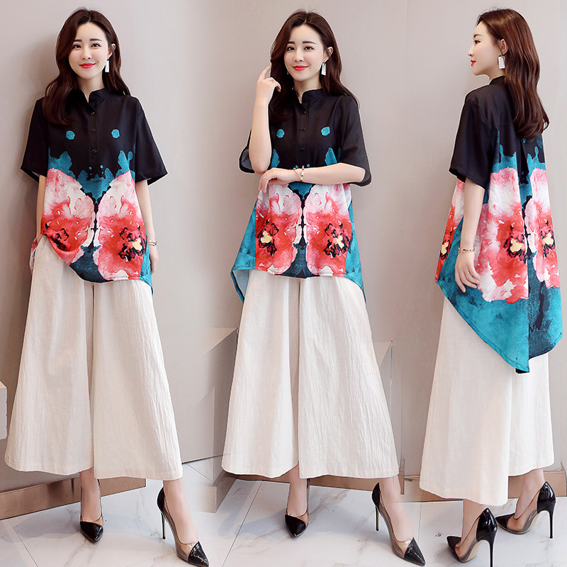 パーティードレス 水彩花柄チャイナ風ブラウスワイドパンツセットアップ