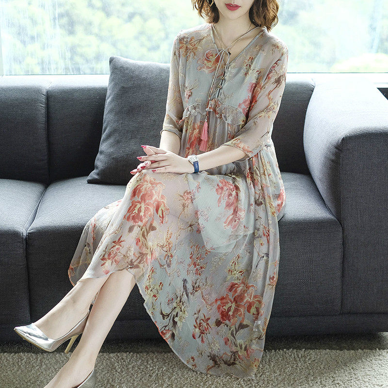 パーティードレス 花柄シフォン素材エレガント膝丈ワンピース