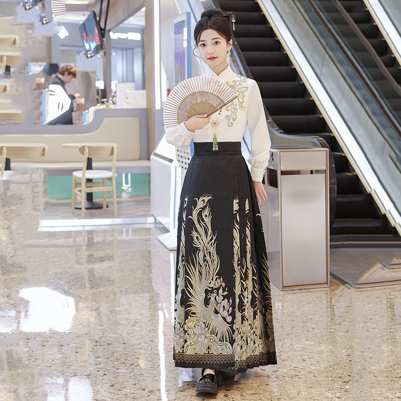 パーティードレス 鳳凰刺繍入りチャイナカラー切替ロング丈ワンピース