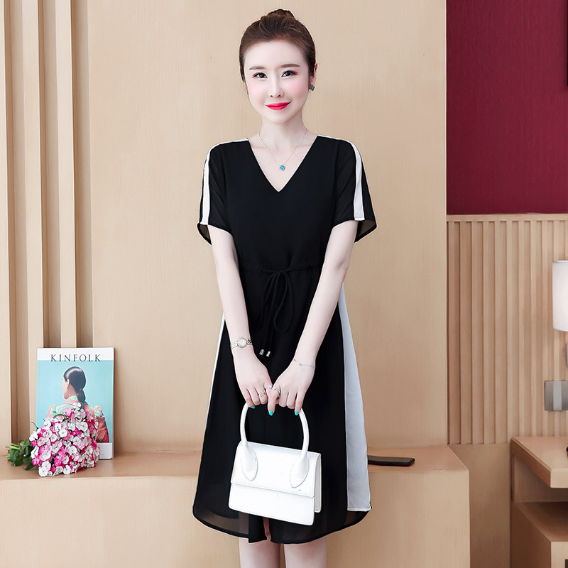 パーティードレス 袖ライン配色ウエストリボン付きブイネックワンピース