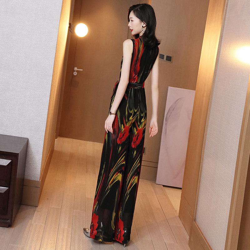 パーティードレス アート柄ノースリーブロング丈ワンピース