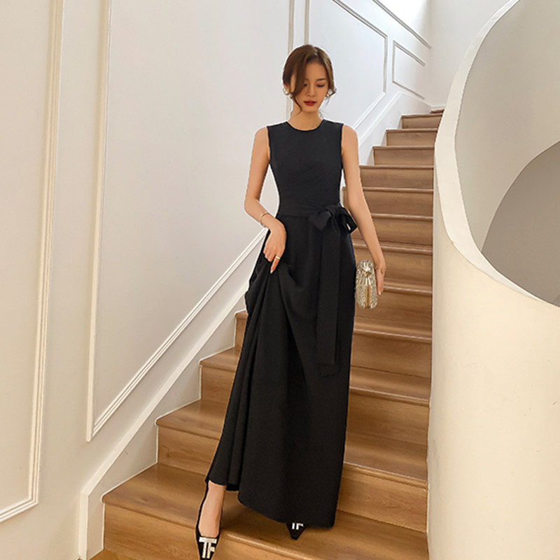 パーティードレス サイドリボンドレープノースリーブロング丈ワンピース