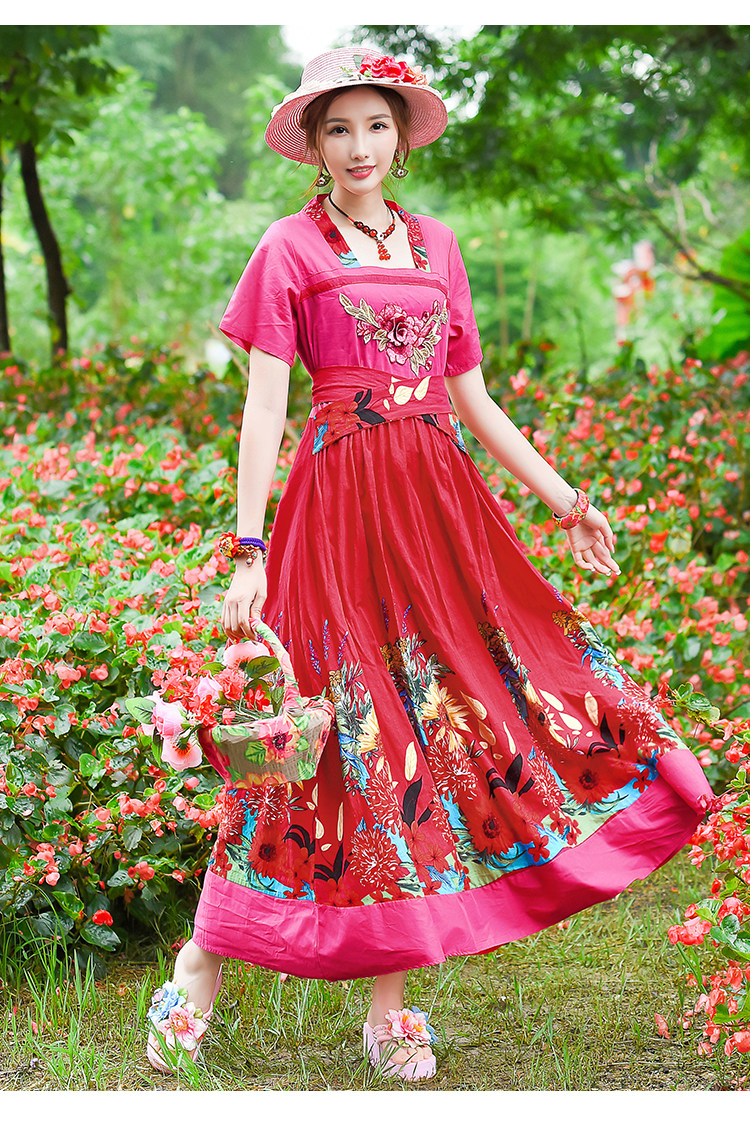 パーティードレス 花柄刺繍エスニック風ロング丈パーティードレス