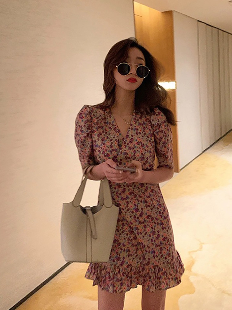 パーティードレス 小花柄シフォン裾フリル半袖ワンピース