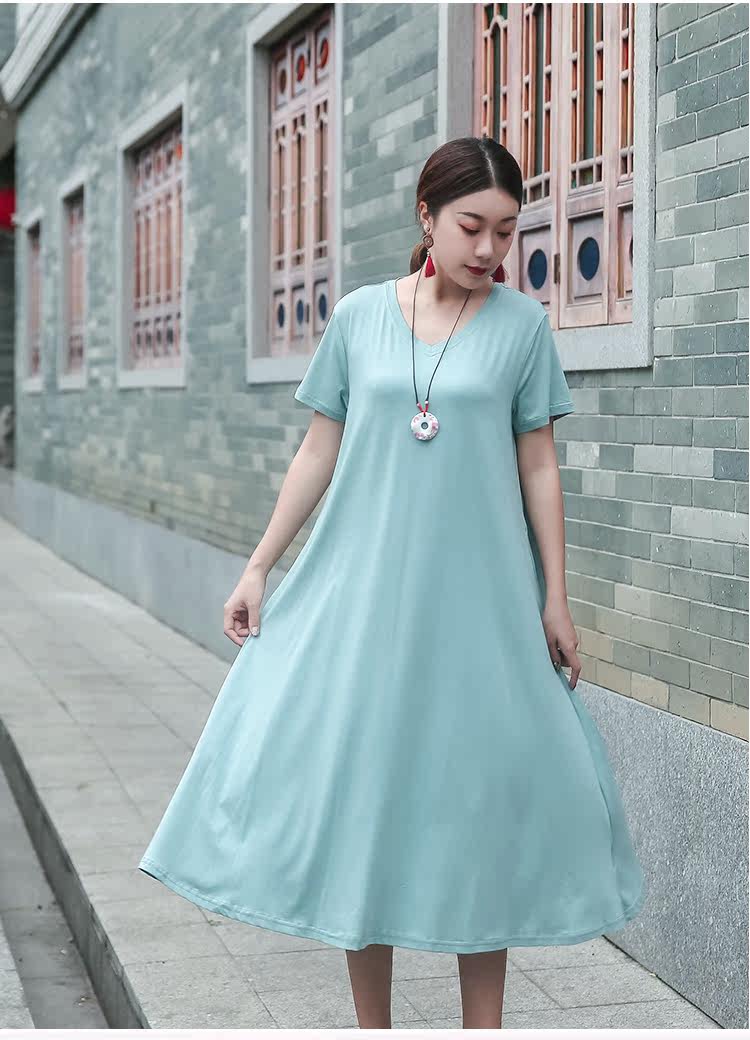 パーティードレス ゆったり半袖Vネックミディ丈ワンピース
