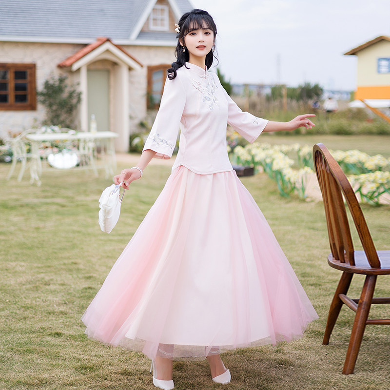 パーティードレス 中華風刺繍入りチュールスカート切替ワンピース
