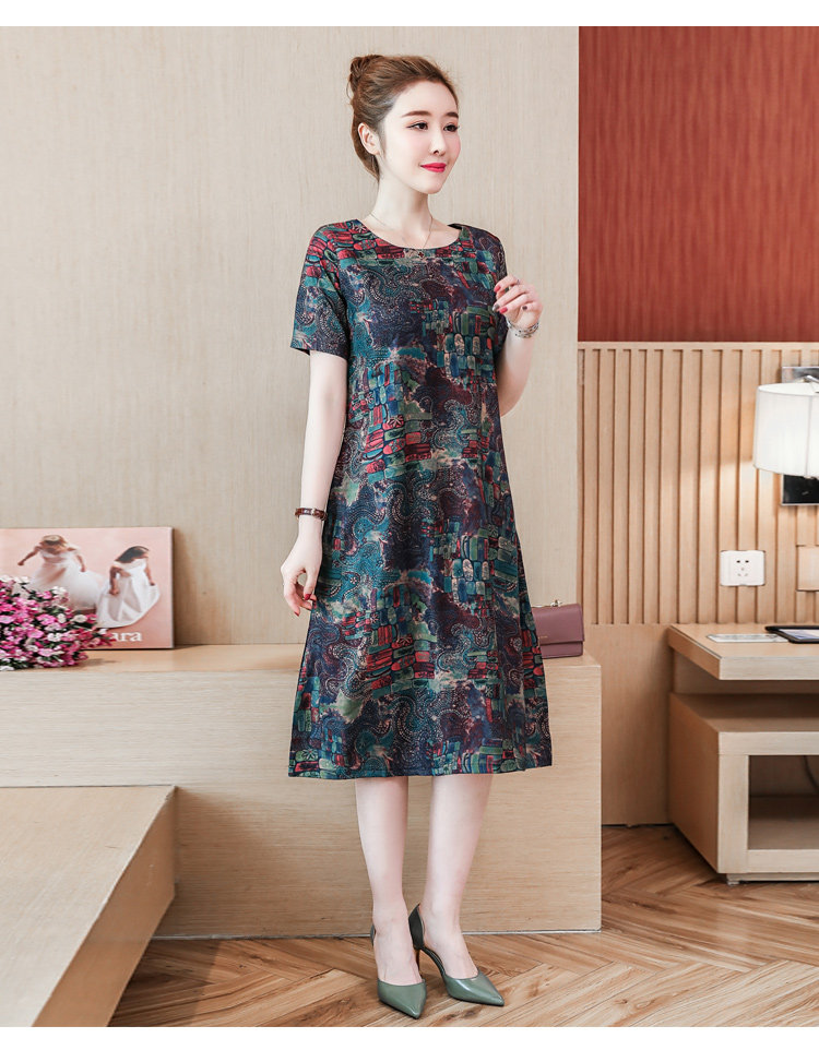 パーティードレス 抽象柄プリント半袖ゆったりミディ丈ワンピース