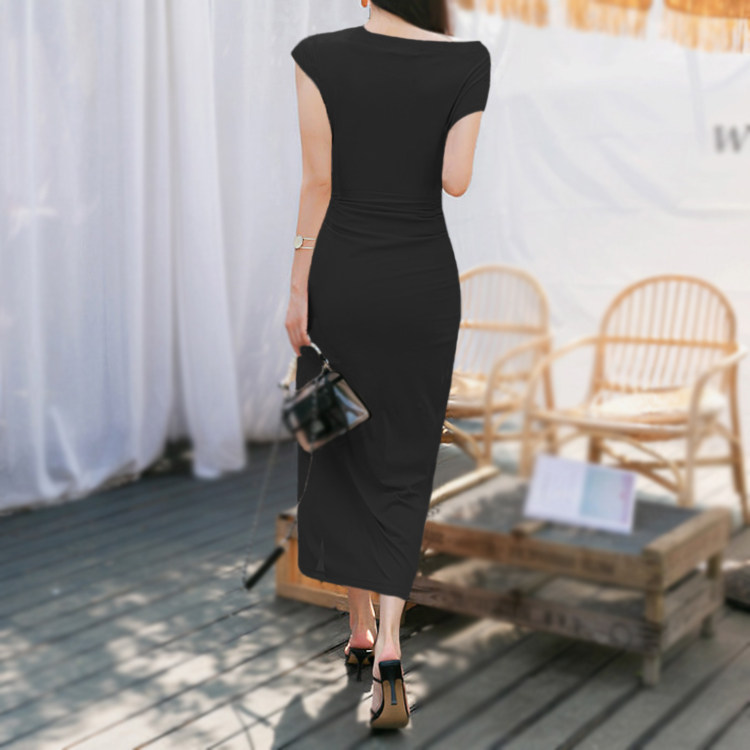 パーティードレス サイドドレープリボン付きタイトシルエットワンピース