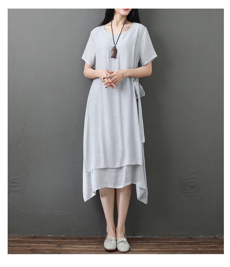 パーティードレス 二重仕立てアシンメトリー裾麻混ゆったりワンピース