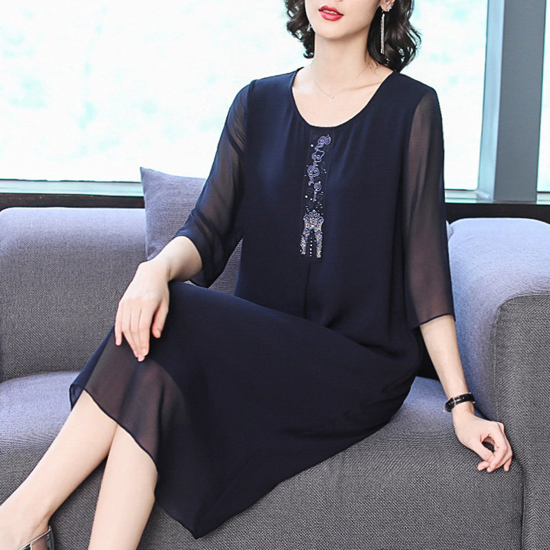 パーティードレス ビジュー刺繍シフォン袖エレガントワンピース