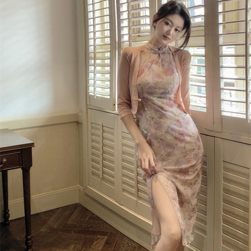 パーティードレス チャイナ風スリット入りエレガント花柄ワンピース