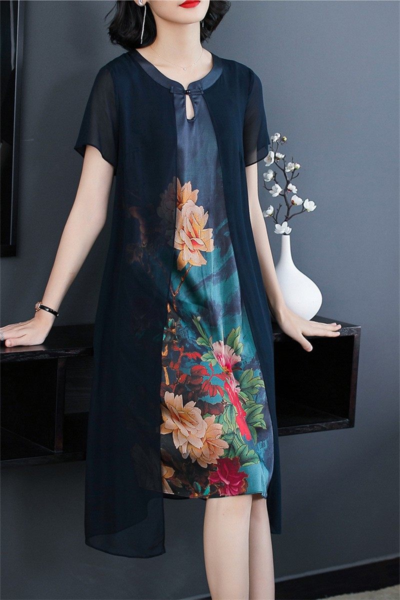 パーティードレス 大輪花柄シフォン切替半袖膝丈ワンピース