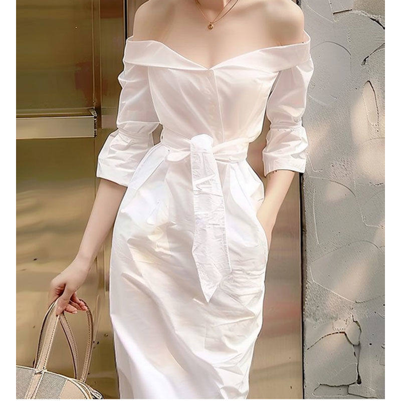 パーティードレス オフショルダー七分袖リボンベルト付きワンピース