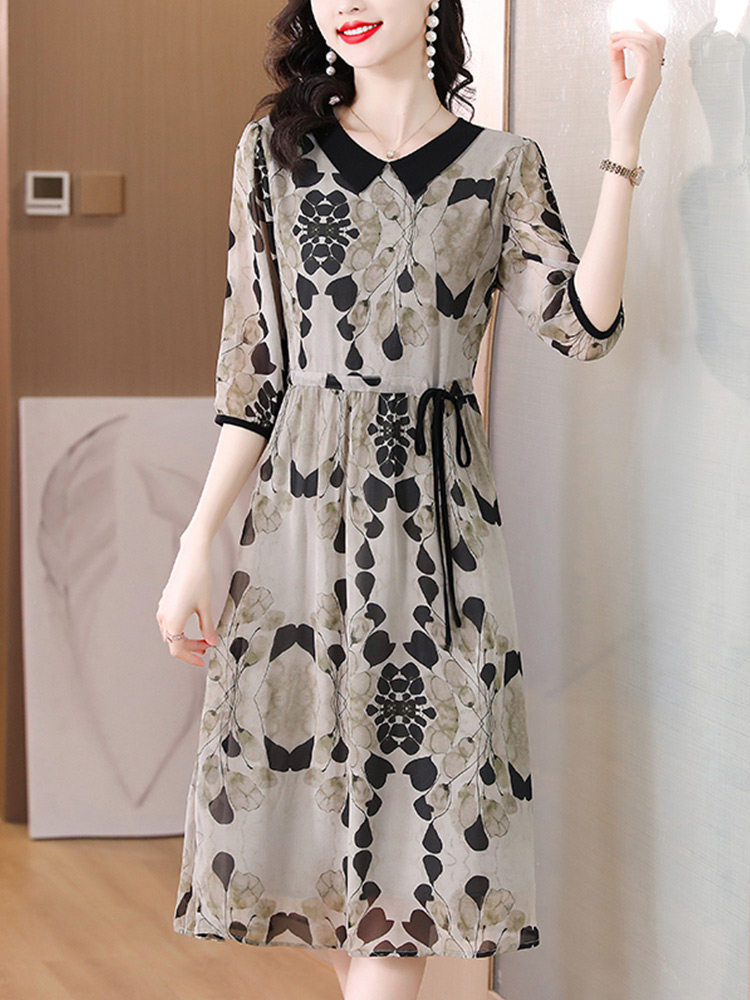 パーティードレス 大人の花柄シフォン五分袖ウエストリボンワンピース