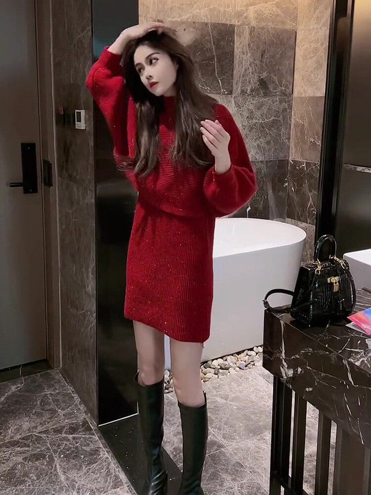 パーティードレス 肩開きニットミニ丈ラメワンピース