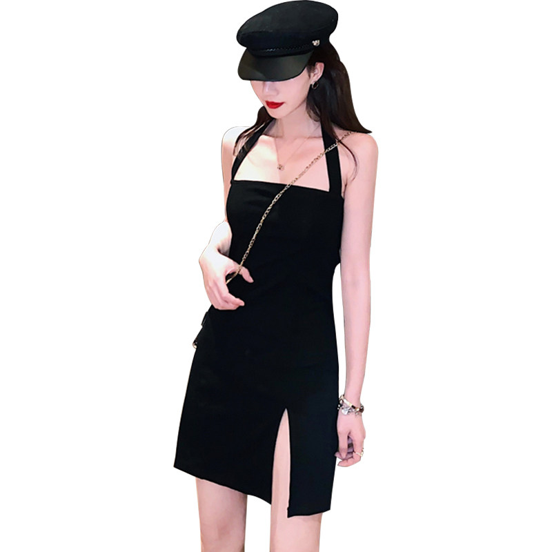 パーティードレス ホルターネックサイドスリット入りミニ丈ワンピース