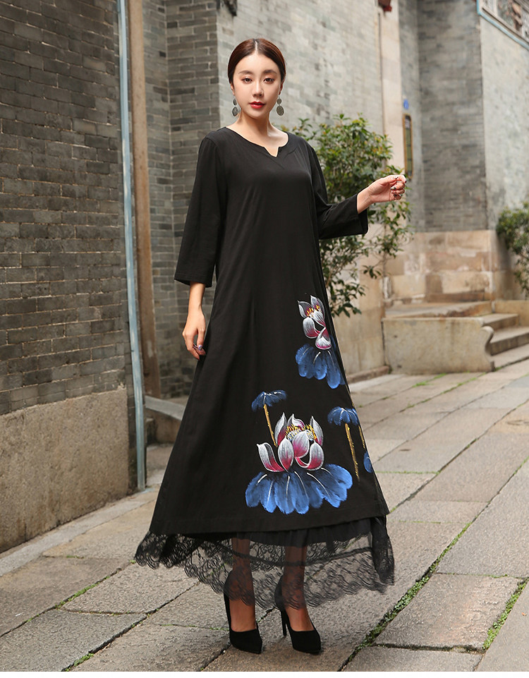 パーティードレス 蓮の花刺繍レース裾重ね着風長袖ワンピース