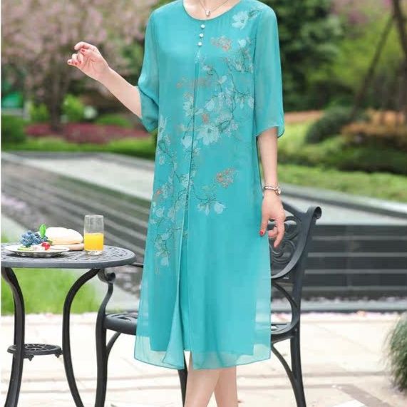 パーティードレス 花柄プリント五分袖シフォン重ね着風膝丈ワンピース