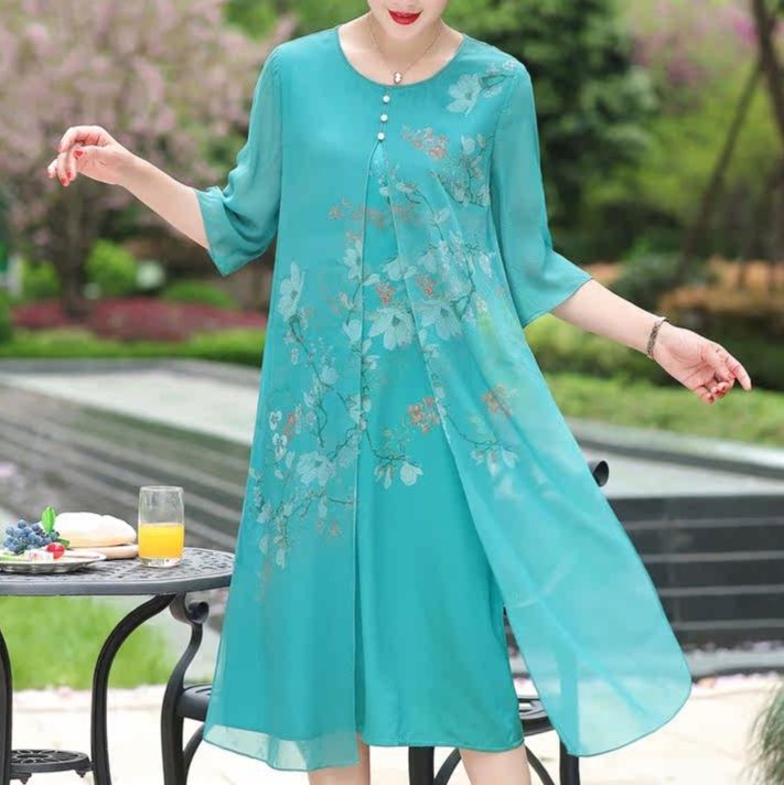 パーティードレス 花柄プリント五分袖シフォン重ね着風膝丈ワンピース