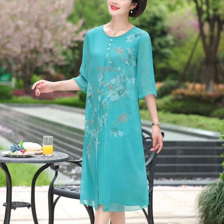 パーティードレス 花柄プリント五分袖シフォン重ね着風膝丈ワンピース