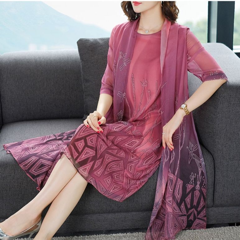 パーティードレス 幾何学刺繍シフォンストール付き二点セットワンピース