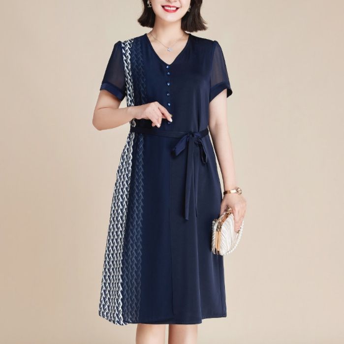 パーティードレス 幾何学柄切替え半袖ウエストリボンワンピース