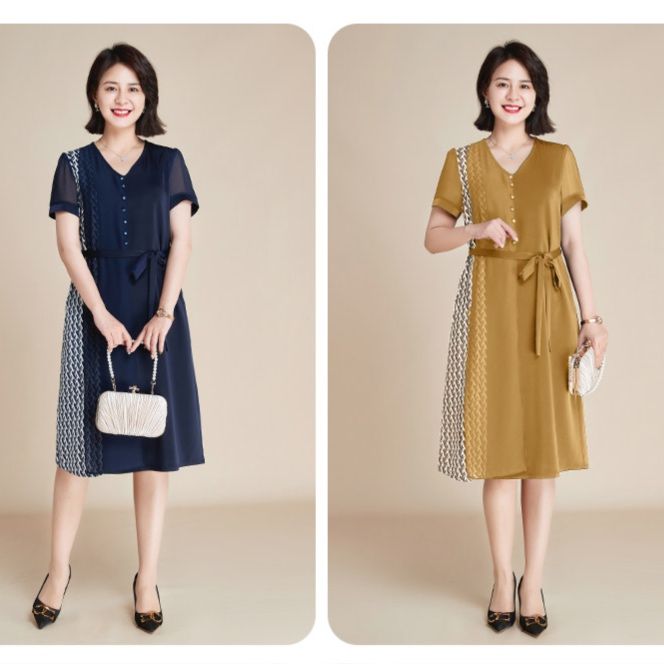 パーティードレス 幾何学柄切替え半袖ウエストリボンワンピース