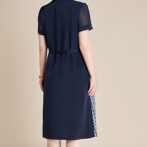 パーティードレス 幾何学柄切替え半袖ウエストリボンワンピース