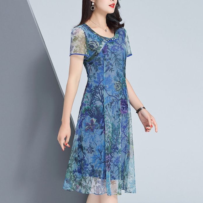 パーティードレス 花柄透け感シフォン半袖膝丈ワンピース