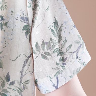 パーティードレス ボタニカル柄Vネック半袖ウエストリボンワンピース