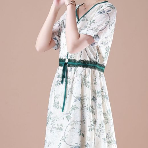 パーティードレス ボタニカル柄Vネック半袖ウエストリボンワンピース