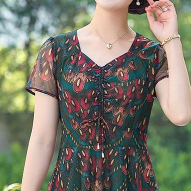 パーティードレス 扇柄シフォン半袖ウエストリボン付きワンピース