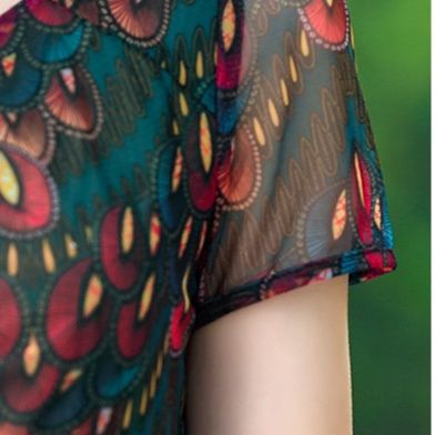 パーティードレス 扇柄シフォン半袖ウエストリボン付きワンピース