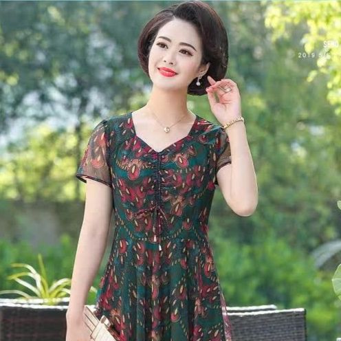 パーティードレス 扇柄シフォン半袖ウエストリボン付きワンピース