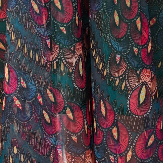 パーティードレス 扇柄シフォン半袖ウエストリボン付きワンピース