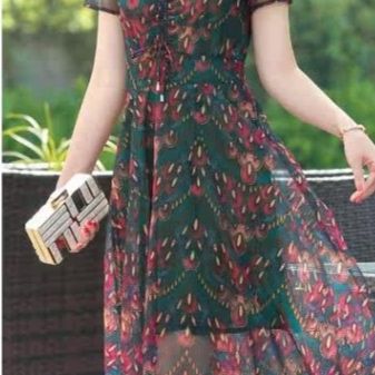 パーティードレス 扇柄シフォン半袖ウエストリボン付きワンピース