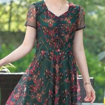 パーティードレス 扇柄シフォン半袖ウエストリボン付きワンピース