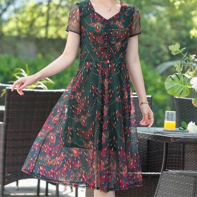 パーティードレス 扇柄シフォン半袖ウエストリボン付きワンピース