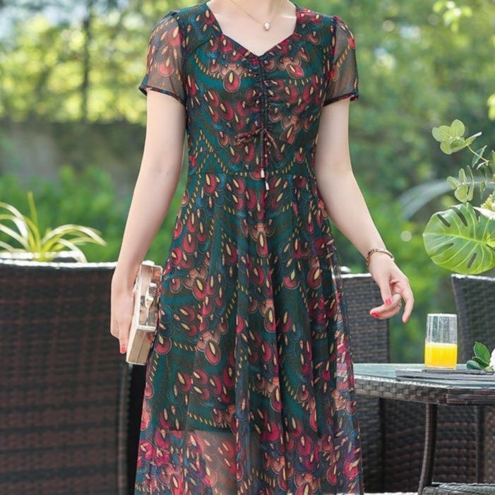 パーティードレス 扇柄シフォン半袖ウエストリボン付きワンピース