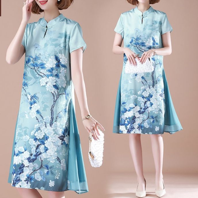 パーティードレス 花鳥柄チャイナ風半袖膝丈ワンピース