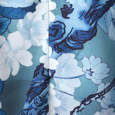 パーティードレス 花鳥柄チャイナ風半袖膝丈ワンピース