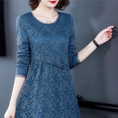 パーティードレス 裏起毛総レース長袖ミモレ丈ワンピース