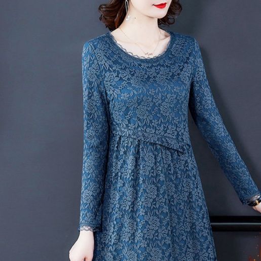 パーティードレス 裏起毛総レース長袖ミモレ丈ワンピース