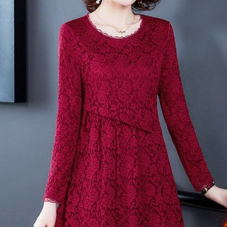 パーティードレス 裏起毛総レース長袖ミモレ丈ワンピース
