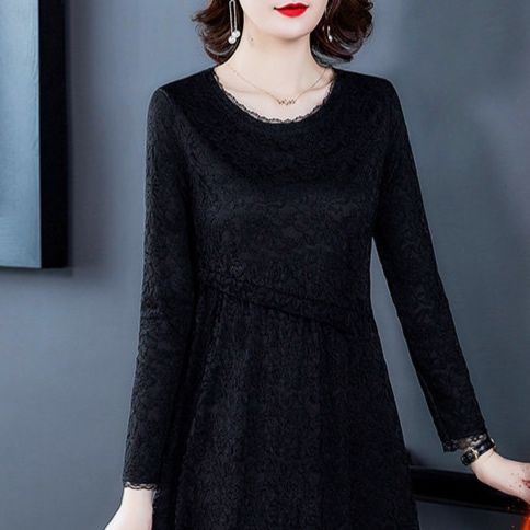 パーティードレス 裏起毛総レース長袖ミモレ丈ワンピース