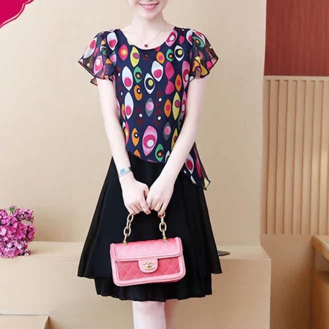 パーティードレス 幾何学模様トップス切替フレアスカートワンピース