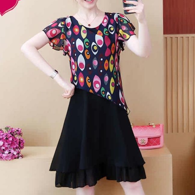 パーティードレス 幾何学模様トップス切替フレアスカートワンピース